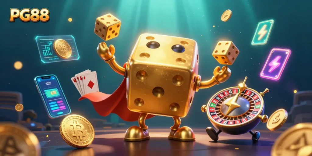 Experience the excitement of PG88 with vibrant casino-themed characters and glowing cryptocurrency elements