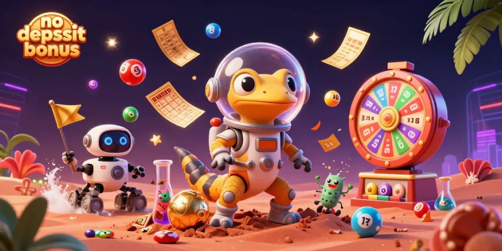 Engage with the no deposit bonus scene featuring a Martian gecko at a golden casino with dynamic gambling elements.