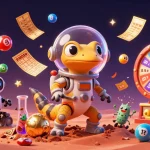 Engage with the no deposit bonus scene featuring a Martian gecko at a golden casino with dynamic gambling elements.