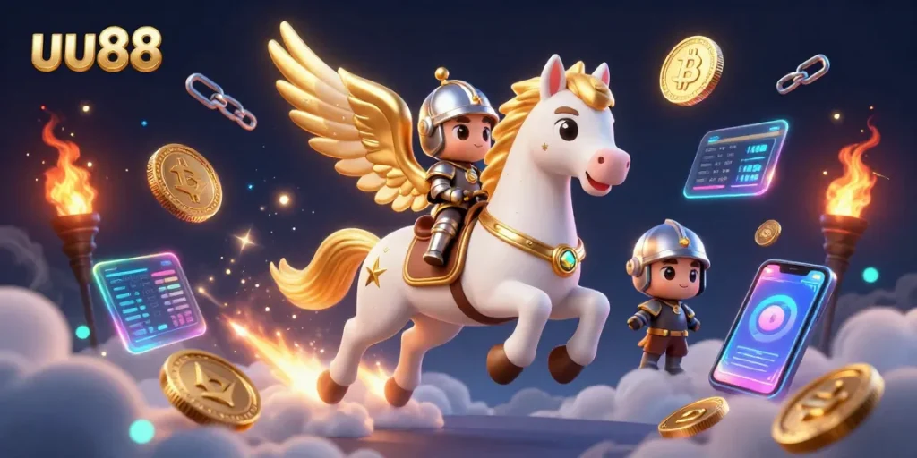 Experience exhilarating gambling action with uu88, featuring a celestial white horse and crypto elements.