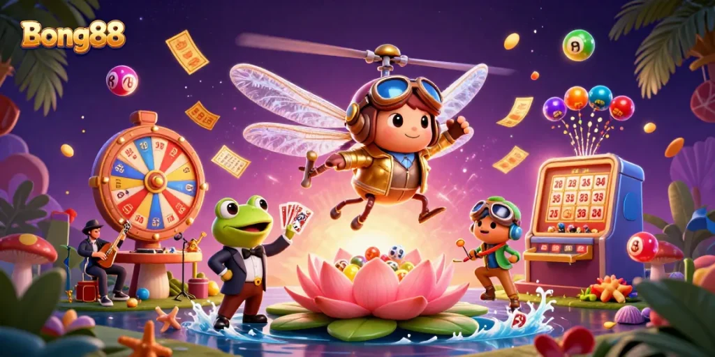Bong88 offers a vibrant casino experience with dynamic gaming elements surrounded by colorful visuals.